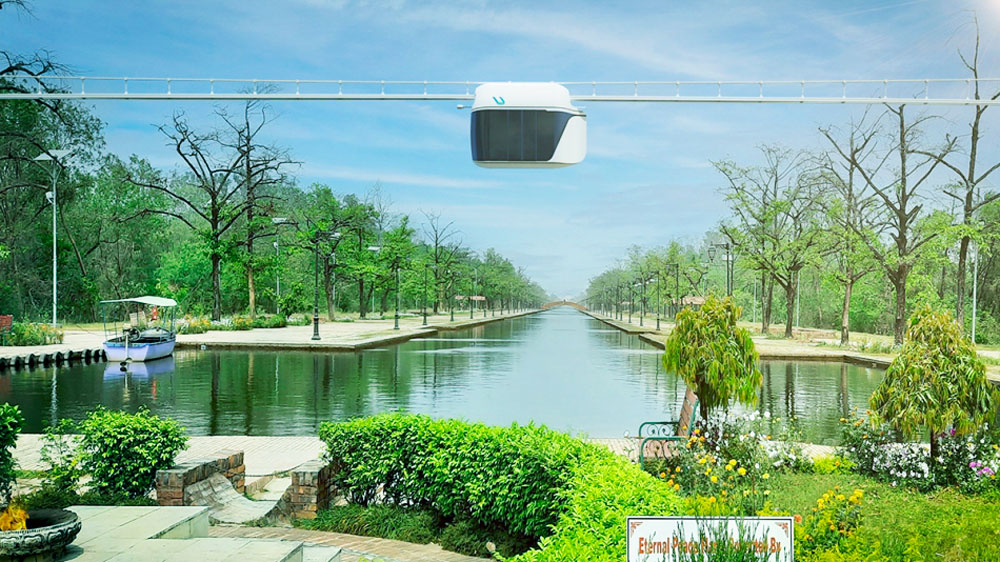 uSky Transport - A render showing how uSky Transport’s solution can pass over water and green zones, preserving the integrity of urban nature